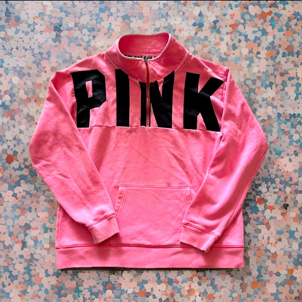 PINK Victoria's Secret Long Sleeve 1/4 Zip W/Black Logo Kangaroo Pocket Sz XS